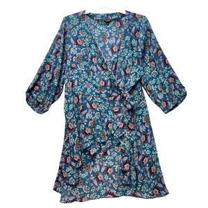 Torrid Womens Floral Wrap Dress High-Low Ruffle Hem & 3/4 Sleeves Size 4 Blue